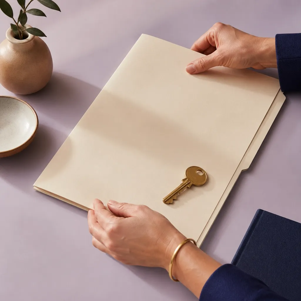 Manos organizando una carpeta de documentos y una llave de latón